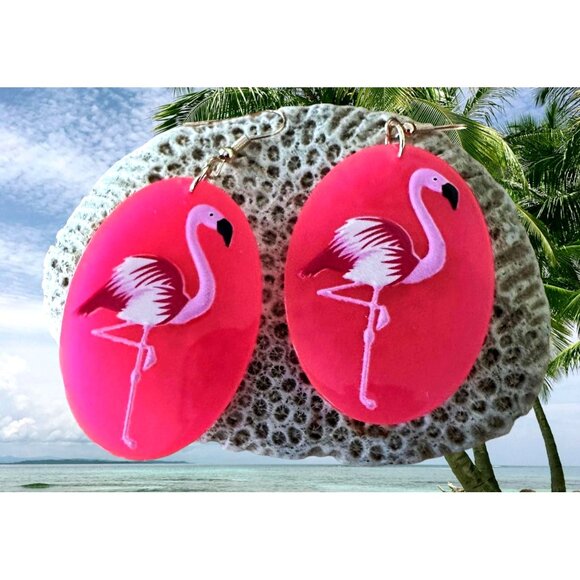 Pink Flamingo Earrings Art Deco Dangle Hooks New  Las Vegas Florida Beac… - Picture 1 of 12